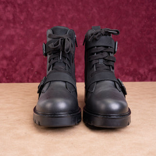 UGG Women Noe Moto Buckles Black Leather Strap Lace-up Combat Boots size 12