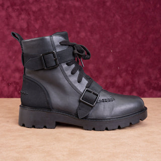 UGG Women Noe Moto Buckles Black Leather Strap Lace-up Combat Boots size 12