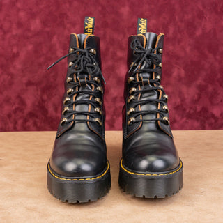 Dr Martens Women Leona 7 Hooks Black Leather Stock Heel Lace-up Combat Boots 9