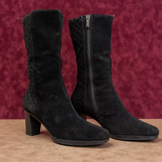 Aquatalia Women Black Suede Quilted Weatherproof Fashion Zip Heel Boots sz 8.5