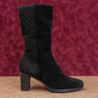 Aquatalia Women Black Suede Quilted Weatherproof Fashion Zip Heel Boots sz 8.5