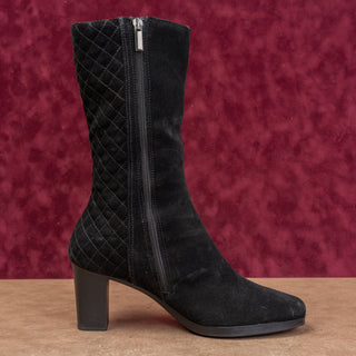 Aquatalia Women Black Suede Quilted Weatherproof Fashion Zip Heel Boots sz 8.5