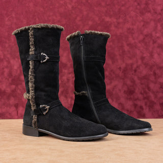 Stuart Weitzman Women Black Suede Vintage Retro 90s Fleece Lined Buckle Boots 7