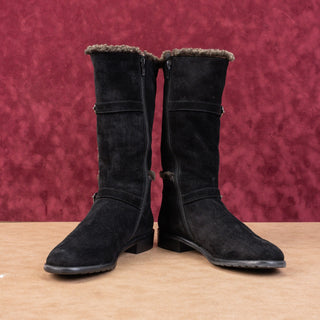 Stuart Weitzman Women Black Suede Vintage Retro 90s Fleece Lined Buckle Boots 7