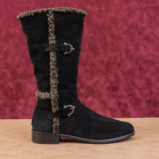 Stuart Weitzman Women Black Suede Vintage Retro 90s Fleece Lined Buckle Boots 7
