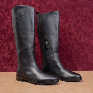 Tory Burch Women Black Leather Classic Equestrian Riding Logo Knee Boots sz 10