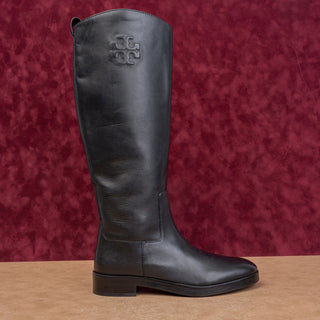 Tory Burch Women Black Leather Classic Equestrian Riding Logo Knee Boots sz 10