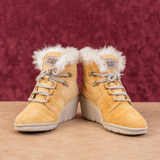 CAT Women Harper Wheat Suede Faux Fur Cuff Lace-up Wedge Lug Boots sz 7.5