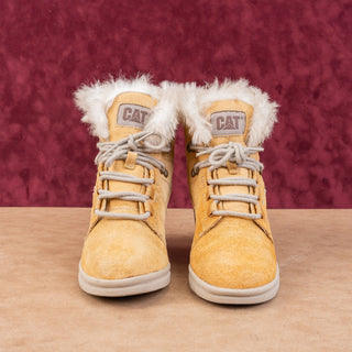CAT Women Harper Wheat Suede Faux Fur Cuff Lace-up Wedge Lug Boots sz 7.5