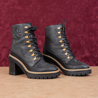 Tory Burch Women Black Leather Miller Lace up Dress Lug Sole Boots size 7