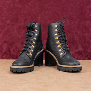 Tory Burch Women Black Leather Miller Lace up Dress Lug Sole Boots size 7