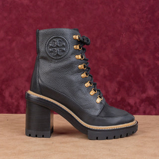 Tory Burch Women Black Leather Miller Lace up Dress Lug Sole Boots size 7