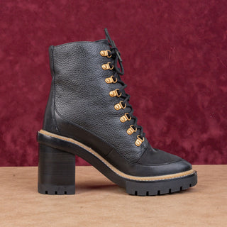 Tory Burch Women Black Leather Miller Lace up Dress Lug Sole Boots size 7