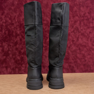 Zara Wmn Black Rubber Nylon Waterproof Wellies Festival Chunky Boots 9.5US EUR40