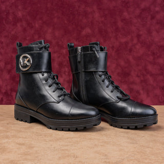 Michael Kors Women Tatum Vegan Black Leather MK Logo Combat Boots size 6.5