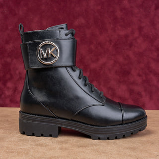 Michael Kors Women Tatum Vegan Black Leather MK Logo Combat Boots size 6.5