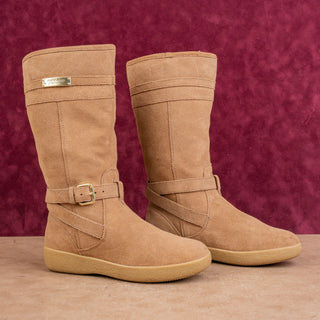 Coach Women Tallulah Brown Suede Fleece Lined Strap Slip Tall Boots sz 5.5