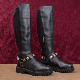 Karl Lagerfeld Women Black Leather Moto Festival Stretch Fashion Boots 6US EUR36