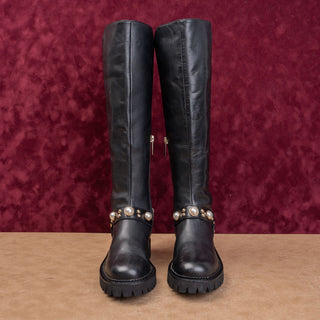 Karl Lagerfeld Women Black Leather Moto Festival Stretch Fashion Boots 6US EUR36