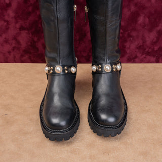 Karl Lagerfeld Women Black Leather Moto Festival Stretch Fashion Boots 6US EUR36