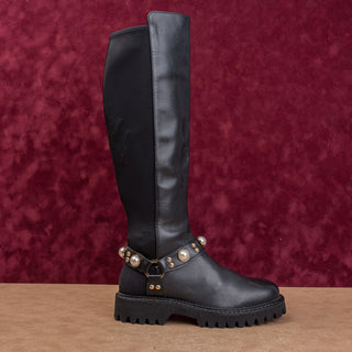 Karl Lagerfeld Women Black Leather Moto Festival Stretch Fashion Boots 6US EUR36
