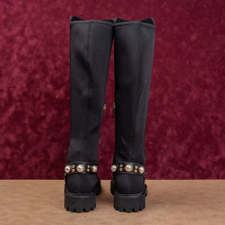 Karl Lagerfeld Women Black Leather Moto Festival Stretch Fashion Boots 6US EUR36