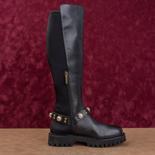 Karl Lagerfeld Women Black Leather Moto Festival Stretch Fashion Boots 6US EUR36
