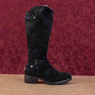 UGG Women Jillian Black Suede Shearling Lined Zip Moto Biker Boots sz 6