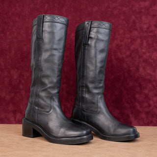 Frye Women Kate Pull on Black Leather Summer Boho Cottage Knee Boots sz 7.5
