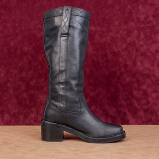 Frye Women Kate Pull on Black Leather Summer Boho Cottage Knee Boots sz 7.5