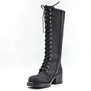 Jeffrey Campbell Wmn Tyr Black Leather Vintage Retro Square Toe Lace Boots 6.5