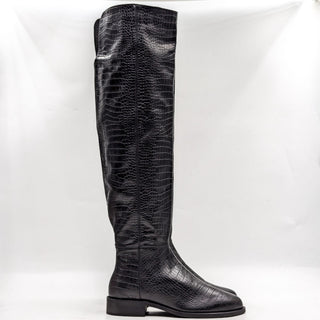 Aquatalia Women Nahla Croc Embossed OTK Black Leather Zip Boots size 7