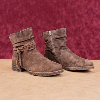 Born Women Oueva Brown Suede Zip Braided Moto Biker Ankle Boots sz 8.5