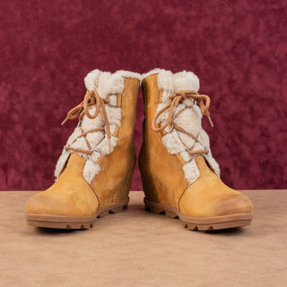 Sorel Women Joan Of Artic Wedge II Shearling Brown Nubuck Lace-up Ankle Boots sz 9.5