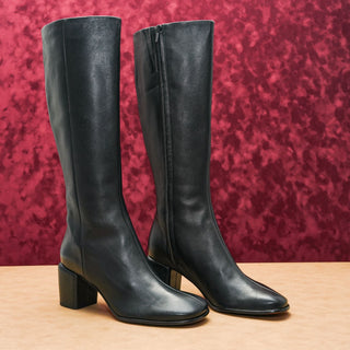 Vince Women Mag Black Leather Retro Block Heel Round Toe Tall Boots 12US EUR43