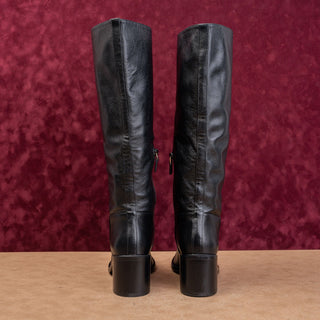Stuart Weitzman Women Finn Black Grain Leather Zip Fashion Knee Boots sz 8