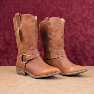 Dingo Women Cognac Leather Harness Western Cowboy Mid Calf Boots sz 8