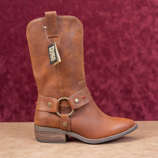 Dingo Women Cognac Leather Harness Western Cowboy Mid Calf Boots sz 8