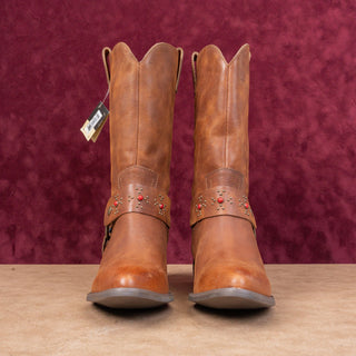 Dingo Women Cognac Leather Harness Western Cowboy Mid Calf Boots sz 8