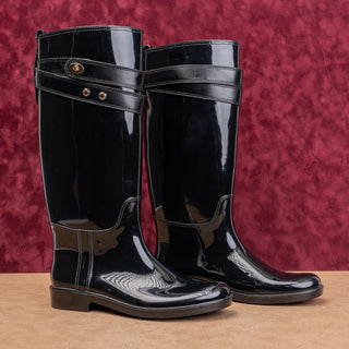 Coach Women Black Gloss Riding Equestrian Wellies Rubber Boots sz 11