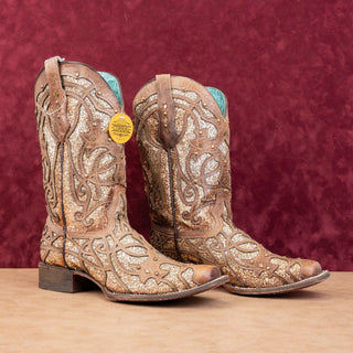 Corral Women Orix Glitter Brown Leather Cowboy Western Square Toe Boots sz 10