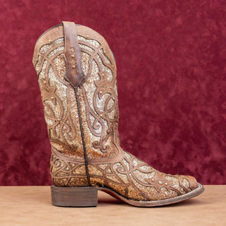 Corral Women Orix Glitter Brown Leather Cowboy Western Square Toe Boots sz 10