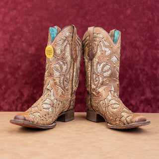 Corral Women Orix Glitter Brown Leather Cowboy Western Square Toe Boots sz 10