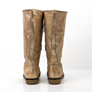 Trask Ariana Women Metallic Beige Leather Shearling Zip Winter Tall Boots Sz 8