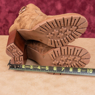 Tory Burch Women Sofia 85 Lug Sole T Logo Heeled Brown Suede Boots sz 11