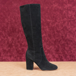 Bettye Miller Women Black Suede Leather Fashion Zip Block Heel Knee Boots sz 9.5