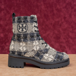 Tory Burch Women Miller Fashion Plaid T Logo Zip Lace-up Combat Boots sz 8.5
