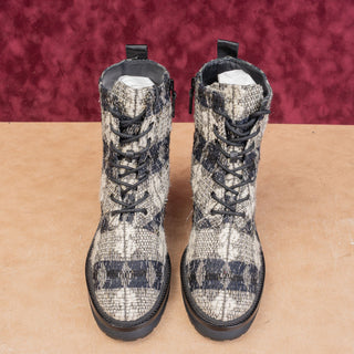 Tory Burch Women Miller Fashion Plaid T Logo Zip Lace-up Combat Boots sz 8.5
