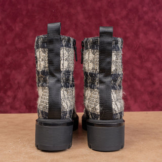 Tory Burch Women Miller Fashion Plaid T Logo Zip Lace-up Combat Boots sz 8.5