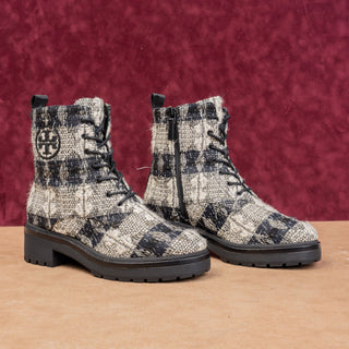 Tory Burch Women Miller Fashion Plaid T Logo Zip Lace-up Combat Boots sz 8.5